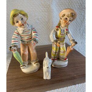 Vintage Boy and Girl with Umbrellas Walking the Dog figure Japan Set 1040s